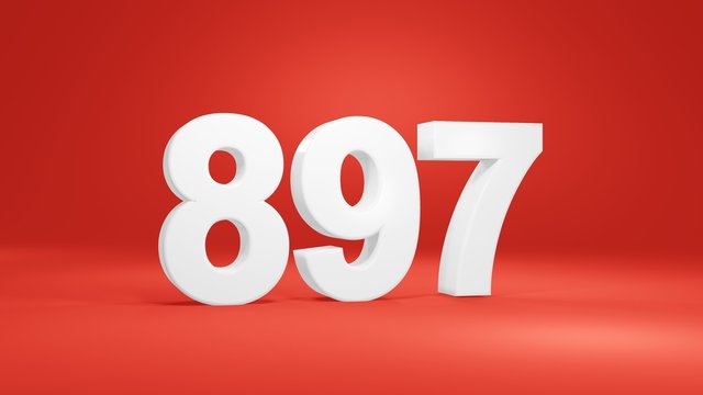 Number 897 in white on red background, isolated number 3d render