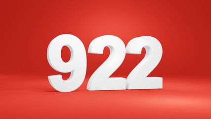 Number 922 in white on red background, isolated number 3d render