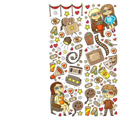 Online internet cinema pattern with vector icons for wrapping paper, posters, banners, leaflets. 3d movie, tv, musical.