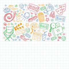 Online internet cinema pattern with vector icons for wrapping paper, posters, banners, leaflets. 3d movie, tv, musical.