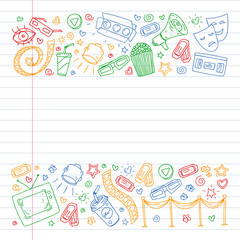 Online internet cinema pattern with vector icons for wrapping paper, posters, banners, leaflets. 3d movie, tv, musical.