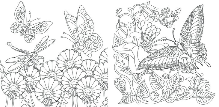 Coloring pages. Vintage butterflies among flowers. 