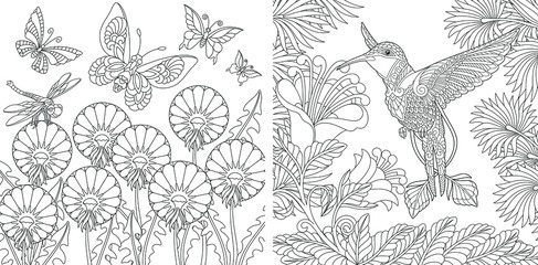 Coloring pages. Vintage butterflies and hummingbird among flowers. 
