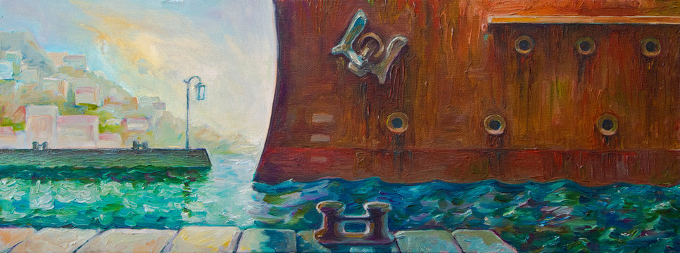 A modern oil painting of an old and rusty battleship coming to the pier (artwork by Alex Tsuper)