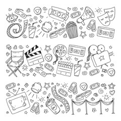 Coloring page. Online internet cinema pattern with vector icons for wrapping paper, posters, banners, leaflets. 3d movie, tv, musical.