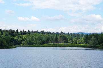 Mountain lake with cold dark water surrounded by green forest under a blue sky on a sunny day