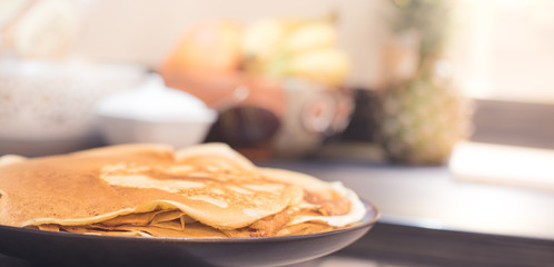 Fresh and tasty homemade crepes in modern kitchen - pancake day