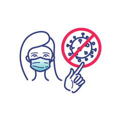 Woman is showing gesture attention. Woman wear medical protective mask against infectious diseases and flu. Stop the COVID-19. Line illustration