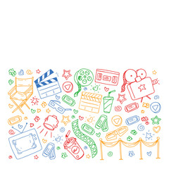 Coloring page. Online internet cinema pattern with vector icons for wrapping paper, posters, banners, leaflets. 3d movie, tv, musical.