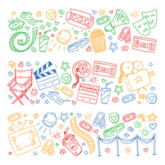 Coloring page. Online internet cinema pattern with vector icons for wrapping paper, posters, banners, leaflets. 3d movie, tv, musical.
