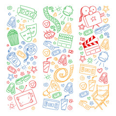 Coloring page. Online internet cinema pattern with vector icons for wrapping paper, posters, banners, leaflets. 3d movie, tv, musical.