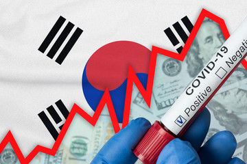 Coronavirus in South Korea. Positive blood test on flag background. Increase in incidence. Economic...