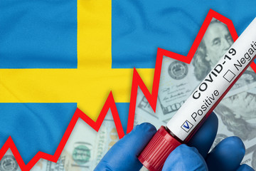 Coronavirus in Sweden. Positive blood test on flag background. Increase in incidence. Economic...