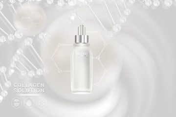 Beauty product ad design, white cosmetic container with collagen solution advertising background ready to use, luxury skin care banner, illustration vector.