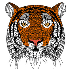zenart style tiger head with moustache,color drawing  for print