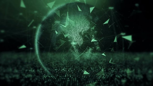 Sphere And Triangles Science Background. This stock motion graphics video shows a rotating green sphere and shifting triangles.