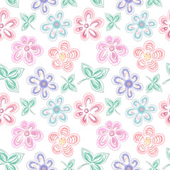 Fototapeta na wymiar Vector floral spring summer seamless pattern pastel decorative flowers on a white background for fabric design, female print.