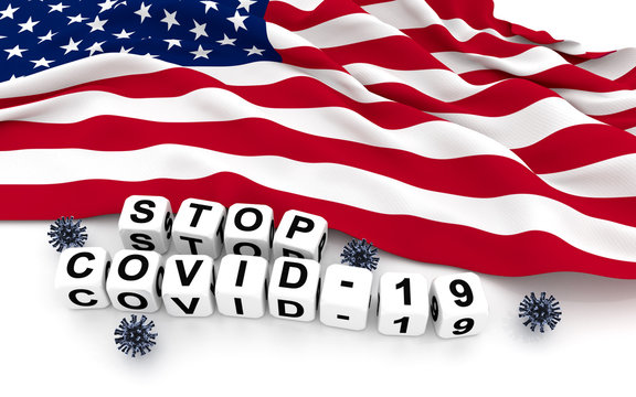 Unitet States of America  flag and text stop covid-19.