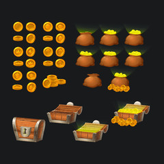 Set of treasure icons for games, different coins, bags and variations of chest icons. Vector illustrations in eps format.