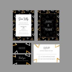 Stylish set of wedding invitation and cards. Premium pattern with white and gold triangles on the black. Geometric invitation (A4, A5), thank you, rsvp (3,5*5 in) and table card. Vector illustration