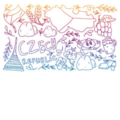 Vector pattern with symbols of Czech Republic. Set with tourism icons and landscapes elements. Travel to country. City, cathedral, building, European architecture. Illustration with landmarks