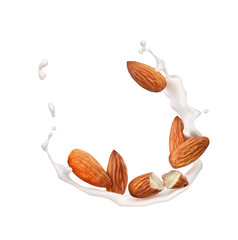 splash of almond milk with almonds on a white background