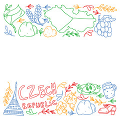Vector pattern with symbols of Czech Republic. Set with tourism icons and landscapes elements. Travel to country. City, cathedral, building, European architecture. Illustration with landmarks