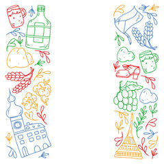 Vector pattern with symbols of Czech Republic. Set with tourism icons and landscapes elements. Travel to country. City, cathedral, building, European architecture. Illustration with landmarks