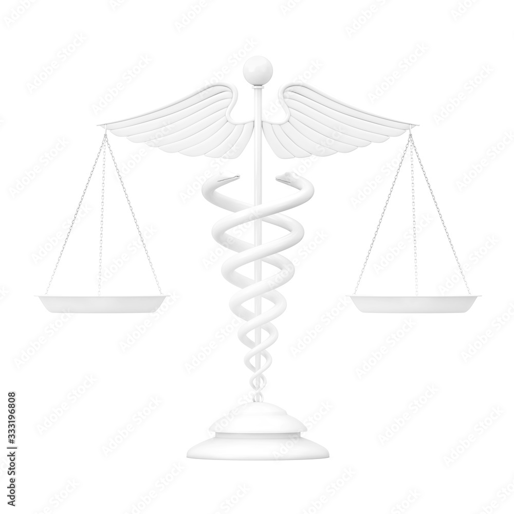 Poster white medical caduceus symbol as scales in clay style. 3d rendering