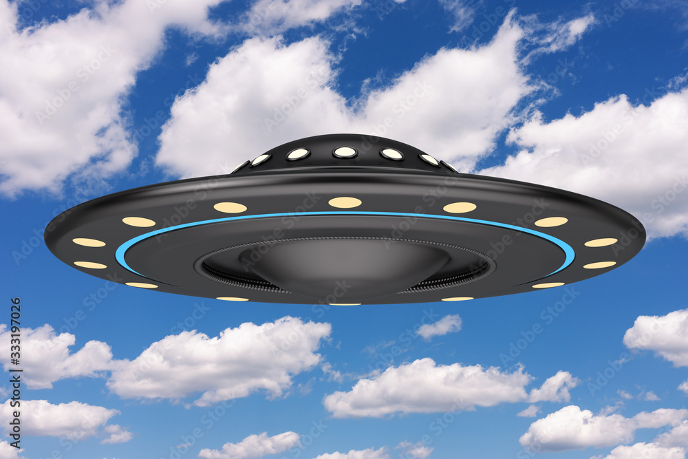 Poster UFO Concept. Alien Spaceship or Flying Saucer . 3d Rendering
