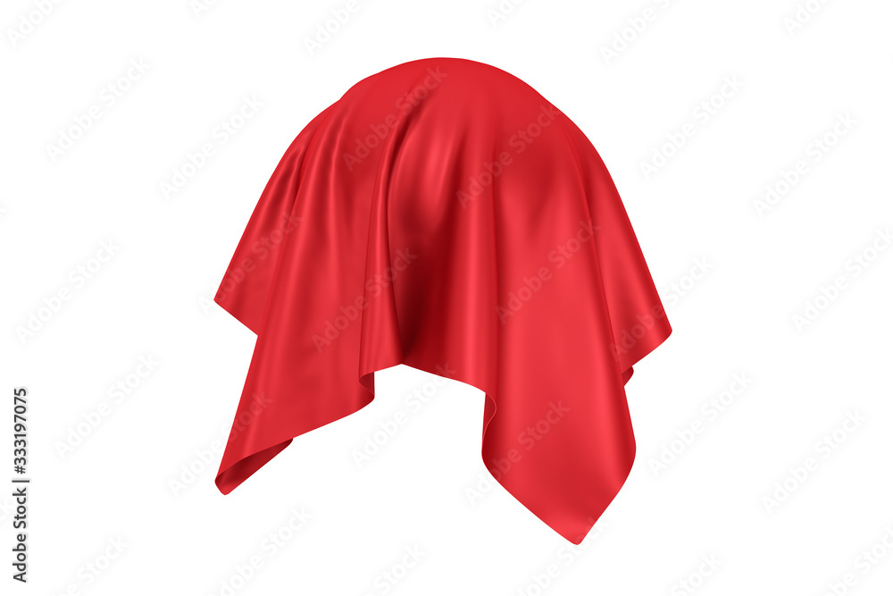 Poster surprise, award or prize concept. hidden object covered with red silk cloth. 3d rendering