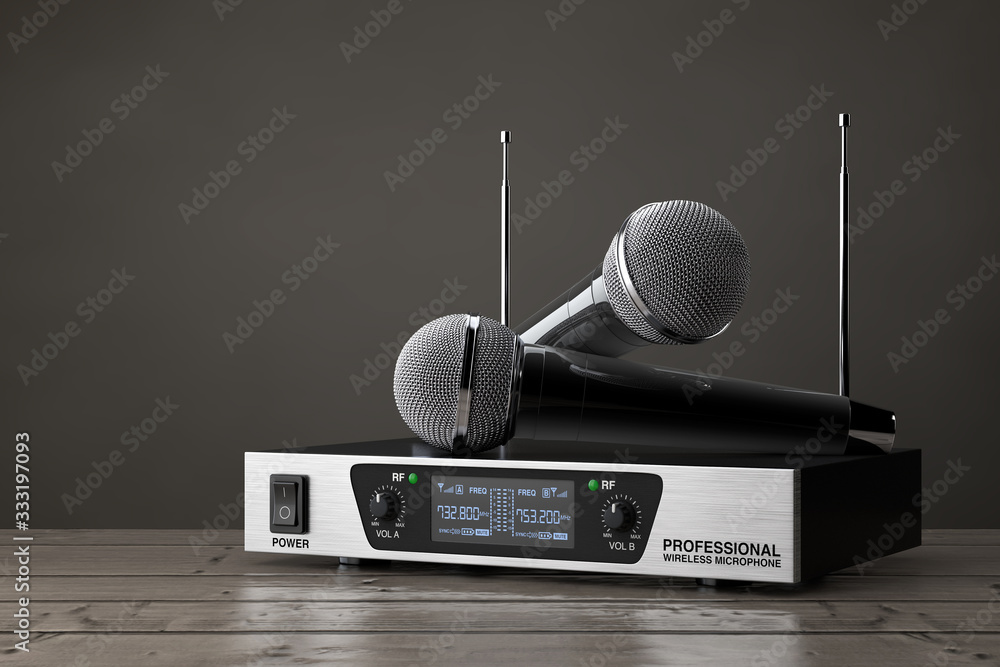 Aufkleber cordless radio wireless microphones and transmitter system. 3d rendering