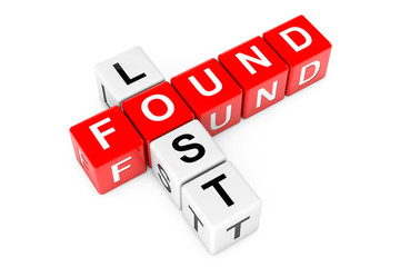 Lost and Found Sign as Crossword Cube Blocks. 3d Rendering