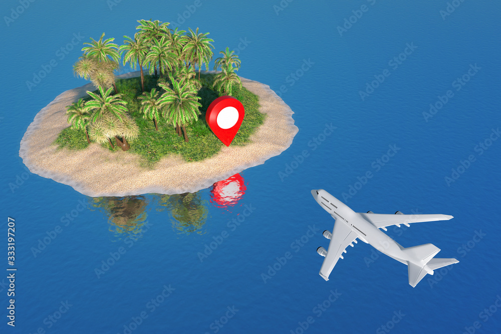 Aufkleber travel concept. white jet passenger airplane flying to map pointer on a desert sand island with palm