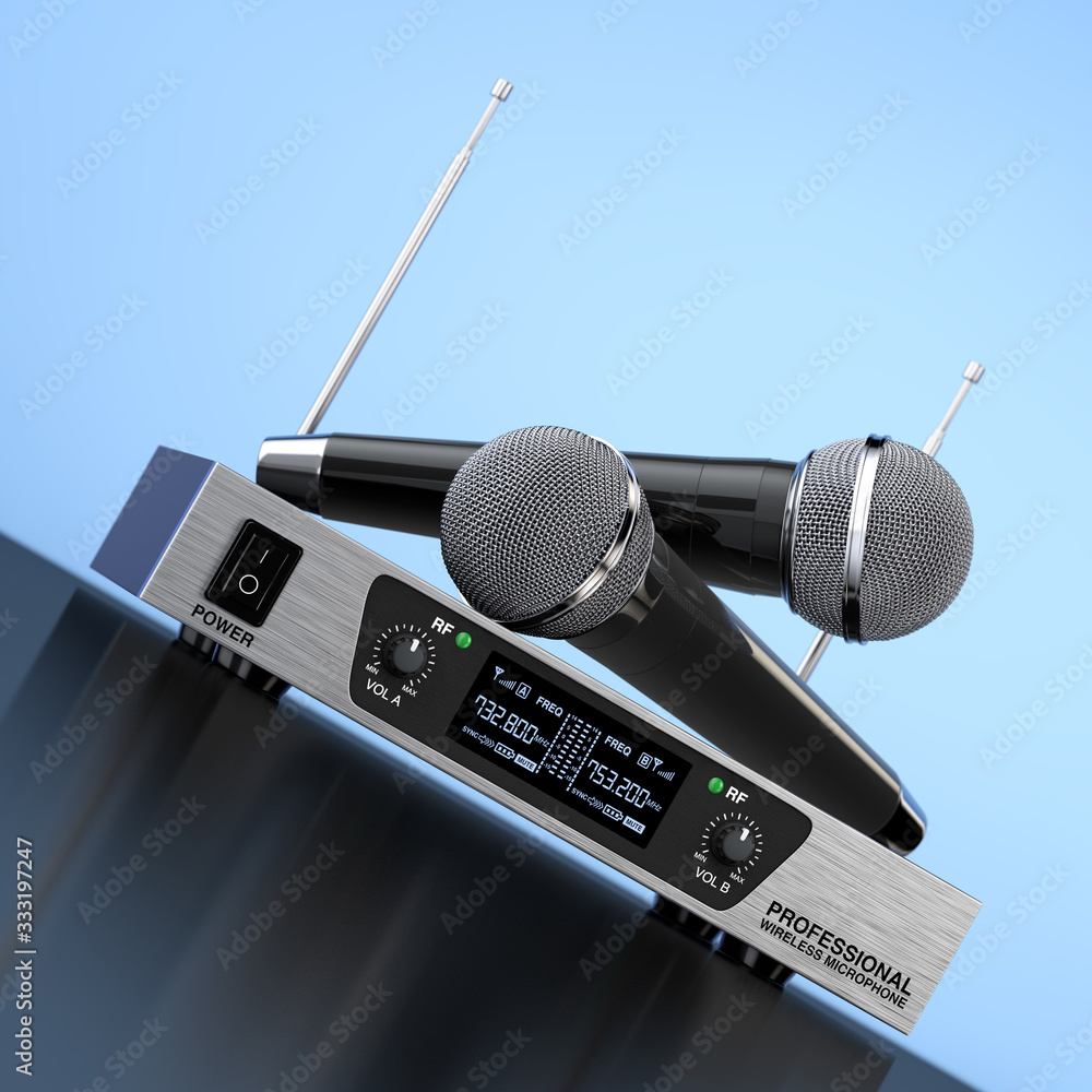 Poster cordless radio wireless microphones and transmitter system. 3d rendering