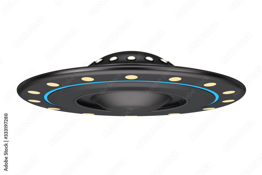 Poster UFO Concept. Alien Spaceship or Flying Saucer . 3d Rendering