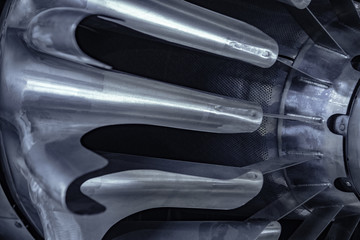 Turbine Engine. Aviation Technologies. Aircraft jet engine detail during maintenance. Blue toned.