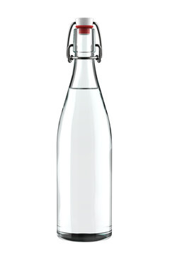 White Clear Glass Beer or Water Bottle with Flip or Swing Top Stopper. 3D Render Isolated on White Background.