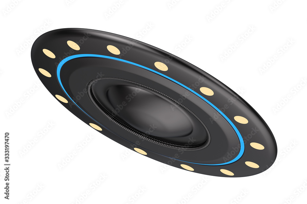 Poster UFO Concept. Alien Spaceship or Flying Saucer . 3d Rendering