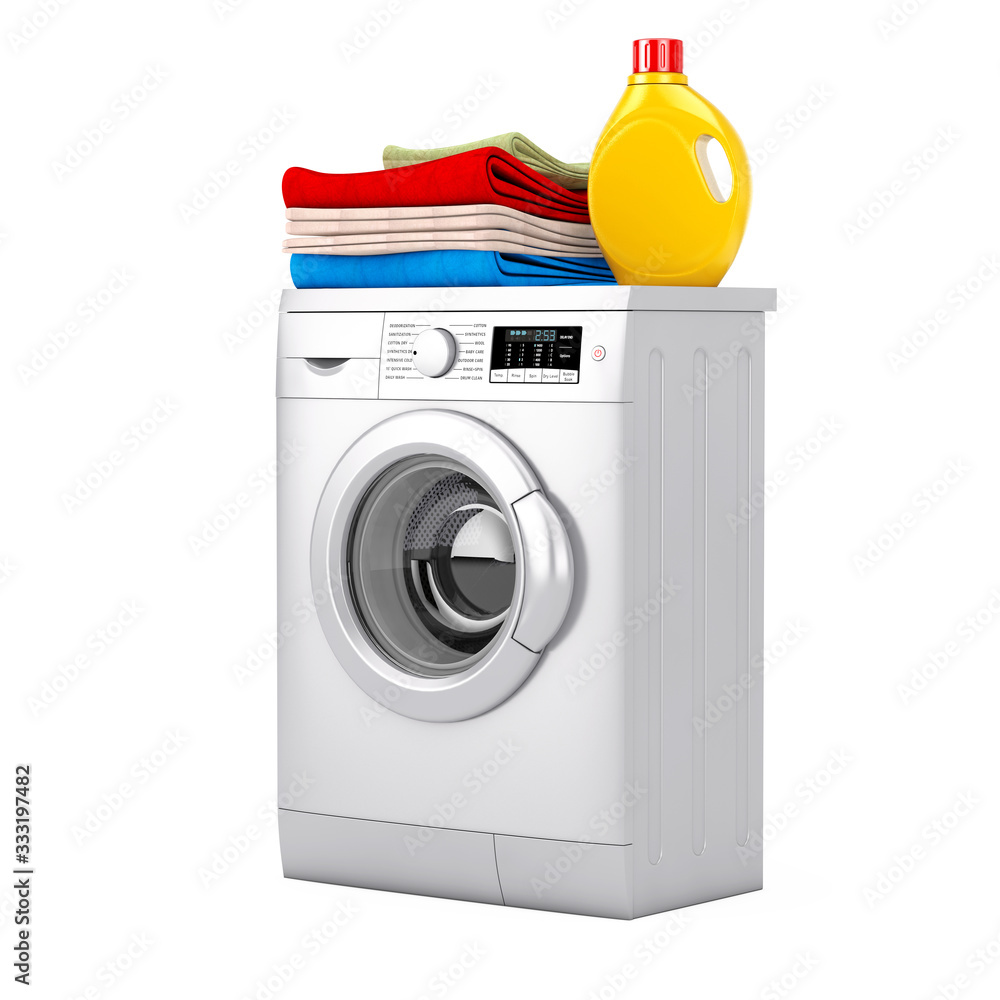 Aufkleber silver modern washing machine with detergent bottle and pile of clothes. 3d rendering