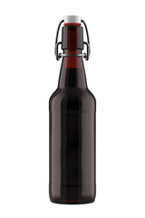 16 oz Dark Brown Glass Beer Bottle with Flip or Swing Top Stopper. 3D Render Isolated on White Background.
