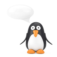 Cute Black and White Toy Cartoon Penguin with Speech Bubble. 3d Rendering