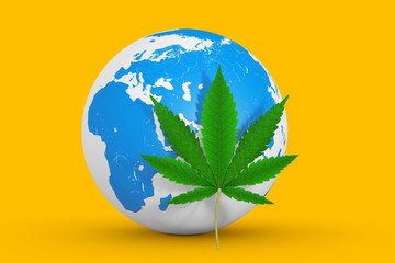 Medical Marijuana or Cannabis Hemp Leaf in Front of Earth Globe. 3d Rendering