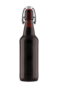16 oz Dark Brown Glass Beer Bottle with Flip or Swing Top Stopper. 3D Render Isolated on White Background.