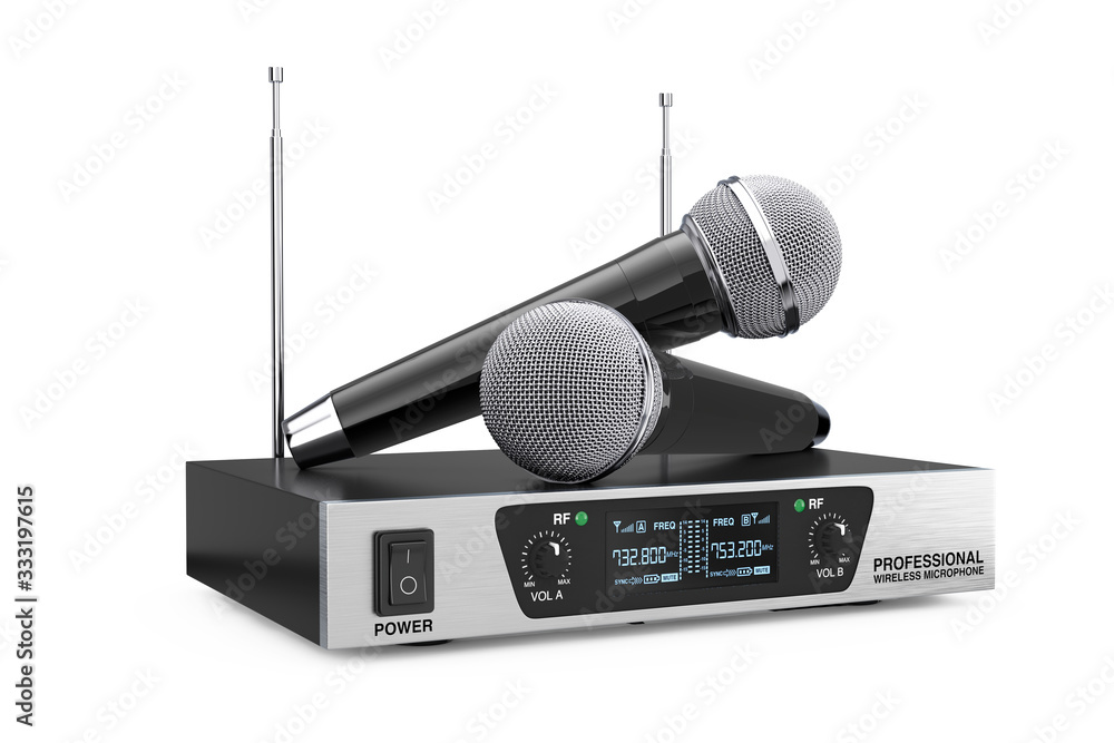 Poster cordless radio wireless microphones and transmitter system. 3d rendering
