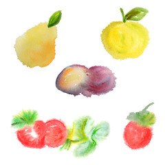 Strawberry, prunes,pear, apple isolated on a white background.