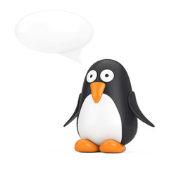 Cute Black and White Toy Cartoon Penguin with Speech Bubble. 3d Rendering