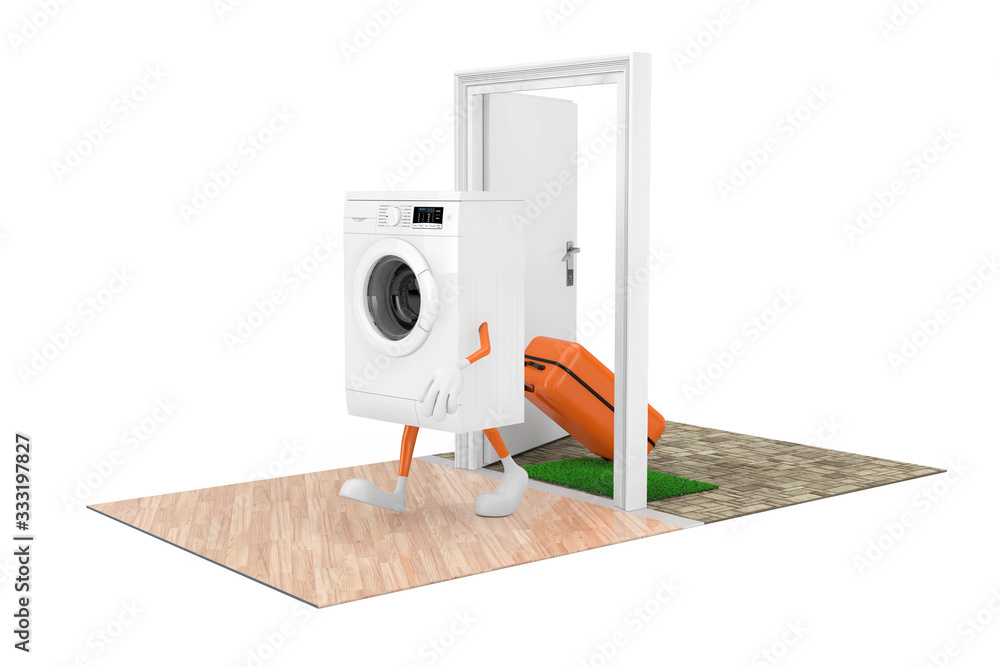 Poster buying home appliances concept. white modern washing machine as character person with a suitcase com