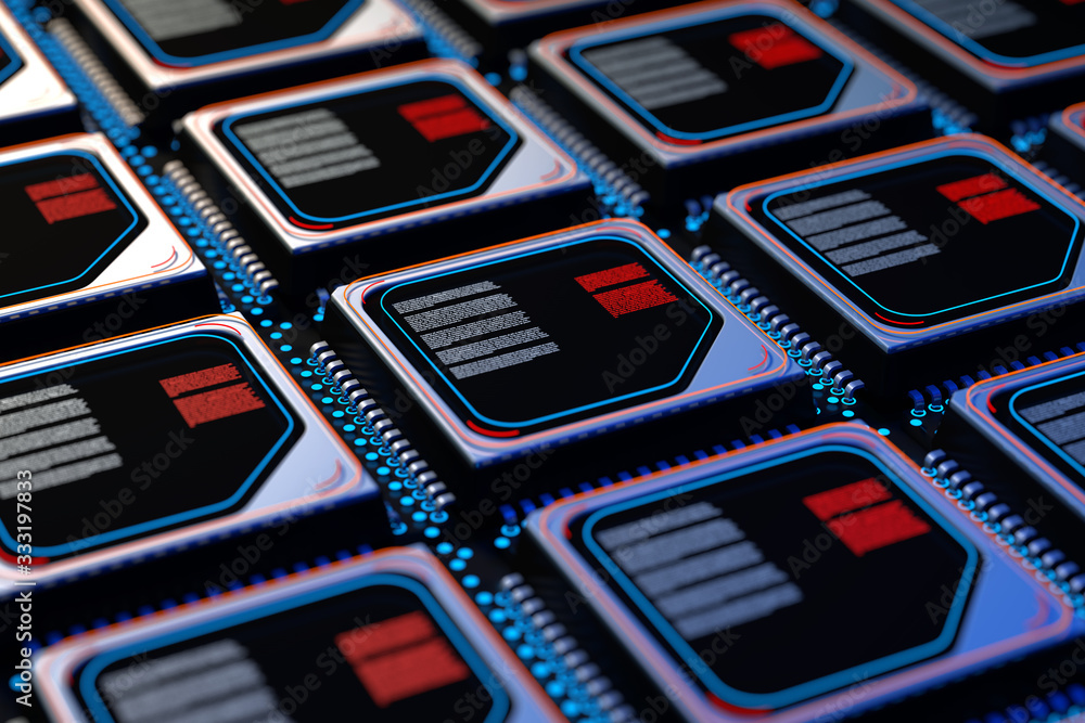 Poster Computer Server Concept. Silicone Wafer with Rows of Microchip CPU. 3d Rendering