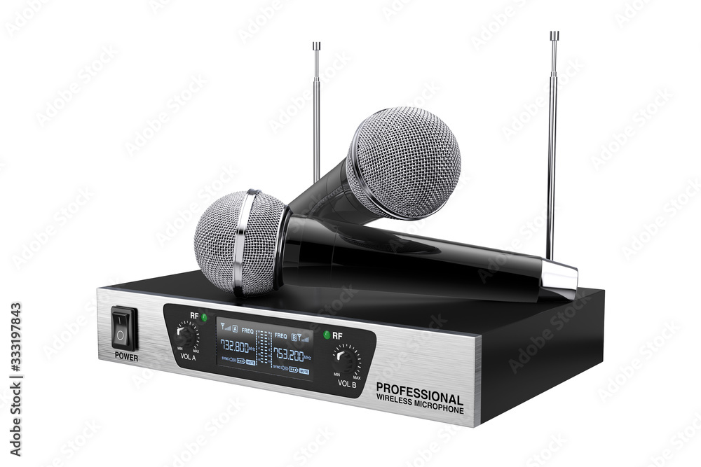 Poster cordless radio wireless microphones and transmitter system. 3d rendering